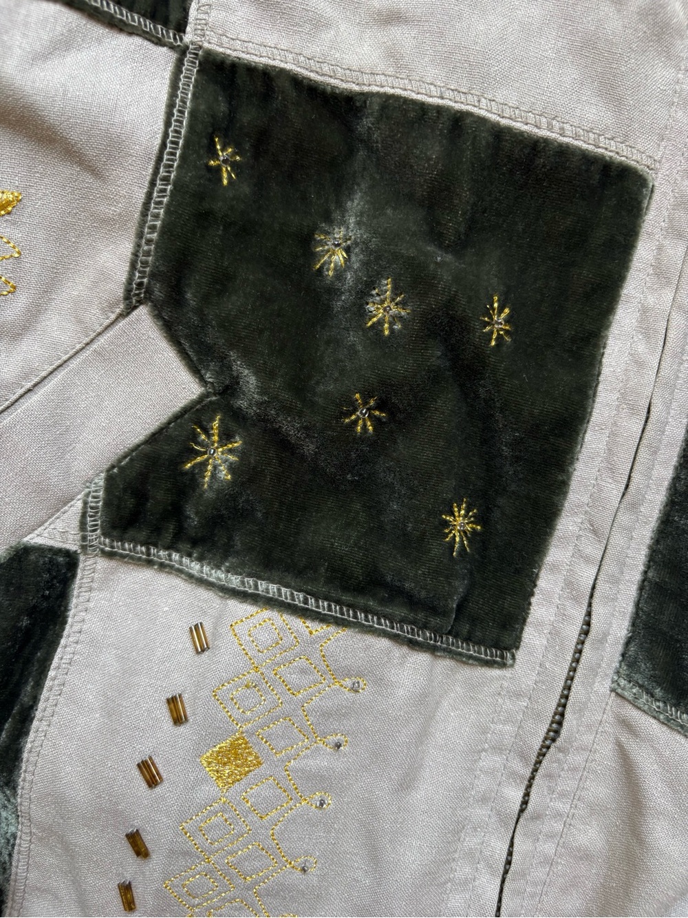Vintage Celestial Boho Silk Patchwork Hooded Bomber Jacket - Picture 4 of 7